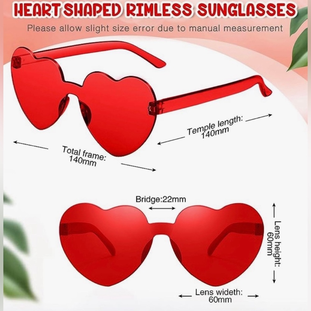 Red Heart Shaped Rimless Sunglasses Special Occasion Party Boho Y2K Festival - Picture 9 of 12
